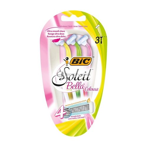 BIC Soleil Bella Colours 4-Blade Lady Razors Pack of 3 Spring Mounted Blades with Pivoting Head for Ultra Smooth Shave