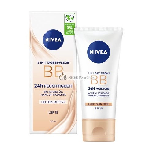 NIVEA 5 IN 1 Day Care BB 24h Moisture SPF 15 Tinted Cream for Light Skin Types with Organic Jojoba Oil and Makeup Pigments