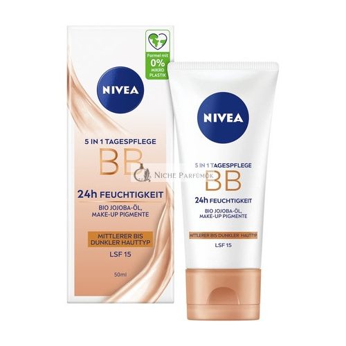 NIVEA 5 IN 1 Day Care BB 24h Moisture SPF 15 Tinted Cream for Medium to Dark Skin Types with Organic Jojoba Oil and Makeup Pigments