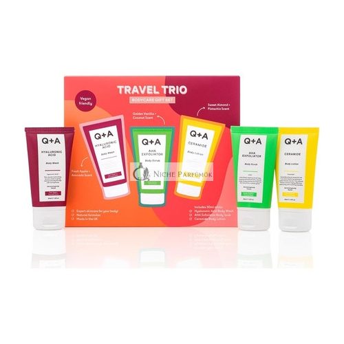 Q+A Travel Trio Body Care Giftset - Hyaluronic Acid Body Wash, AHA Exfoliator Body Scrub, Ceramide Body Lotion - 50ml Each