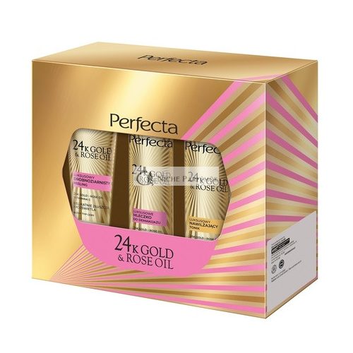 Perfectaset 24k Gold Rose Oil Exfoliating Scrub 75g, Hydrating Toner 200ml, Makeup Remover Milk 200ml