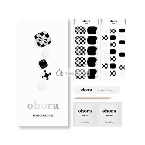 ohora Semi Cured Gel Pedicure Strips Checkmate - Salon-Quality Long Lasting Easy to Apply & Remove - Includes 2 Prep Pads Pedi File & Wooden Stick - Checkered